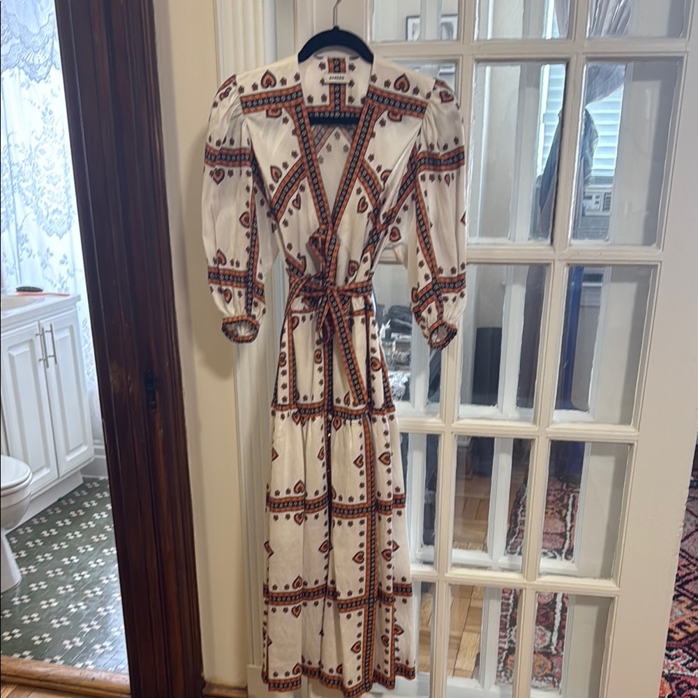 Sandro Rehane Border Print Belted Midi Dress In White, Size 36